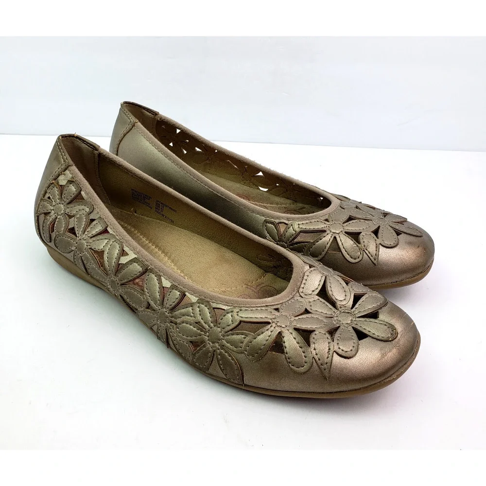 Earth Spirit Womens Size 10 Tan Gold Floral Design Slip On Ballet Flats Shoes
